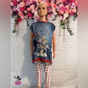Blue Cartoon monnalisa Print Tunic with Heart Leggings and top set✨🎀